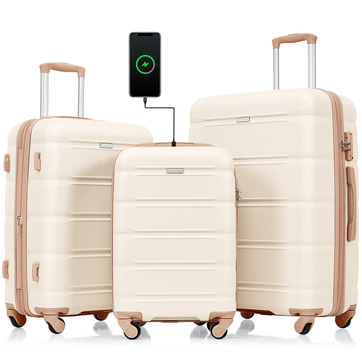 Luggage Set of 3, 20-inch with USB Port, Airline Certified Carry-on Luggage with Cup Holder, ABS Hard Shell Luggage with Spinner Wheels, beige and golden