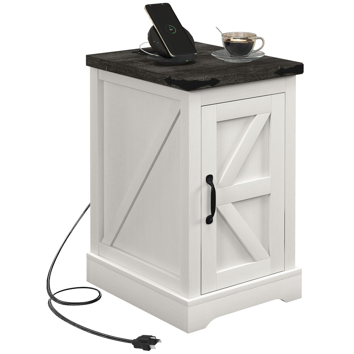 HOMCOM End Table with Charging Station and USB Ports, Farmhouse Side Table with Storage Cabinet for Living Room, Distressed White