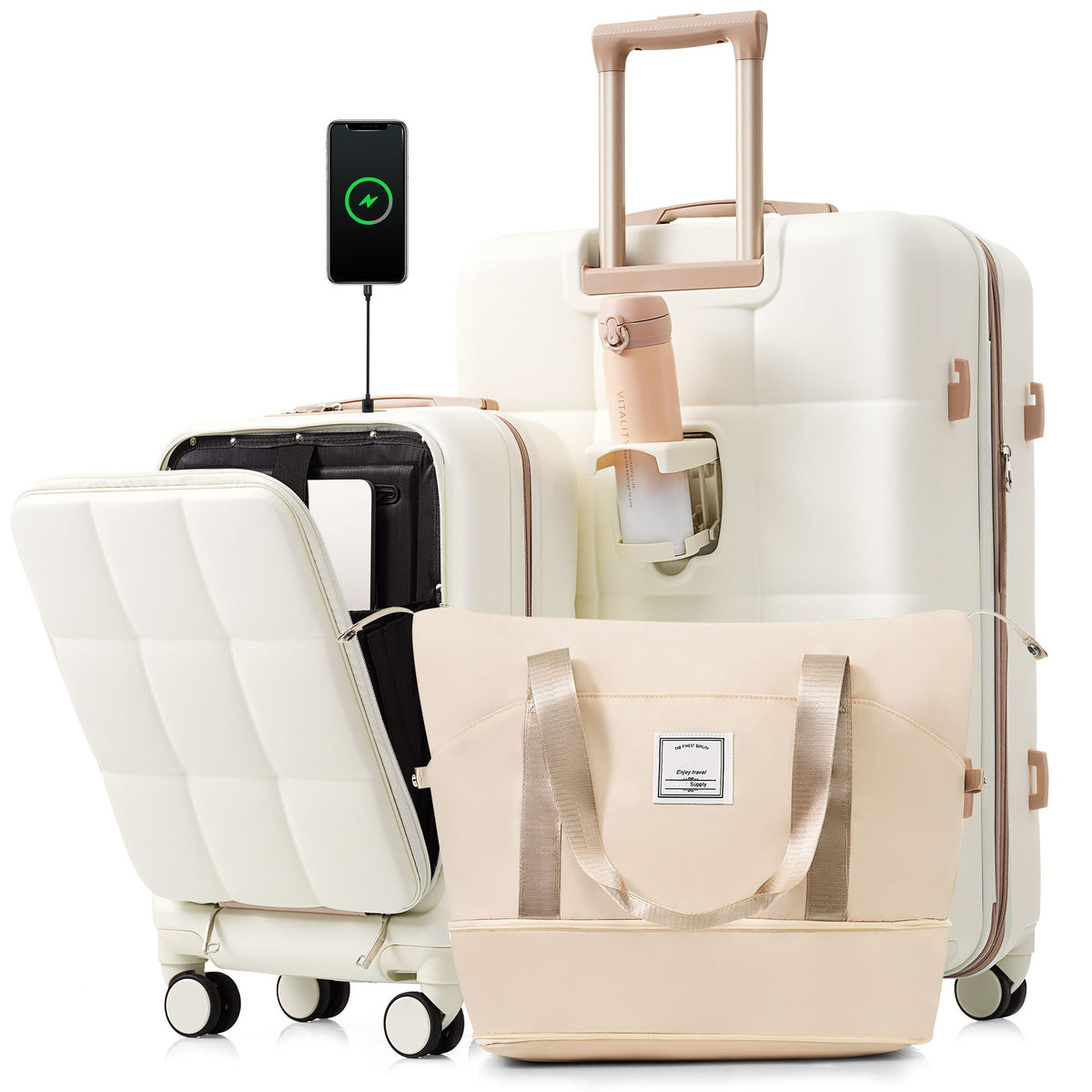 3-Piece Luggage Set with 20' Front-Opening Carry-On, 28' Expandable Suitcase, and Expandable Travel Bag, white