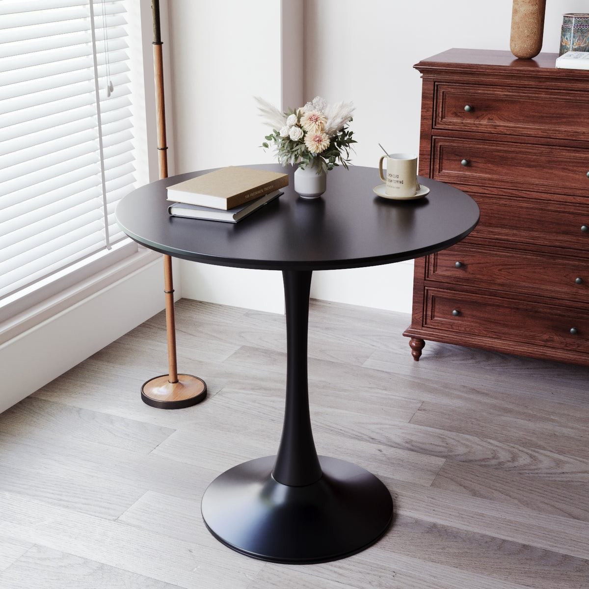 31.5' Black Round Dining Table, Tulip Table Kitchen Dining Table 2-4 People with MDF Table Top & Pedestal Base, Mid-Century End Table Leisure Coffee Table Office Living Room Table