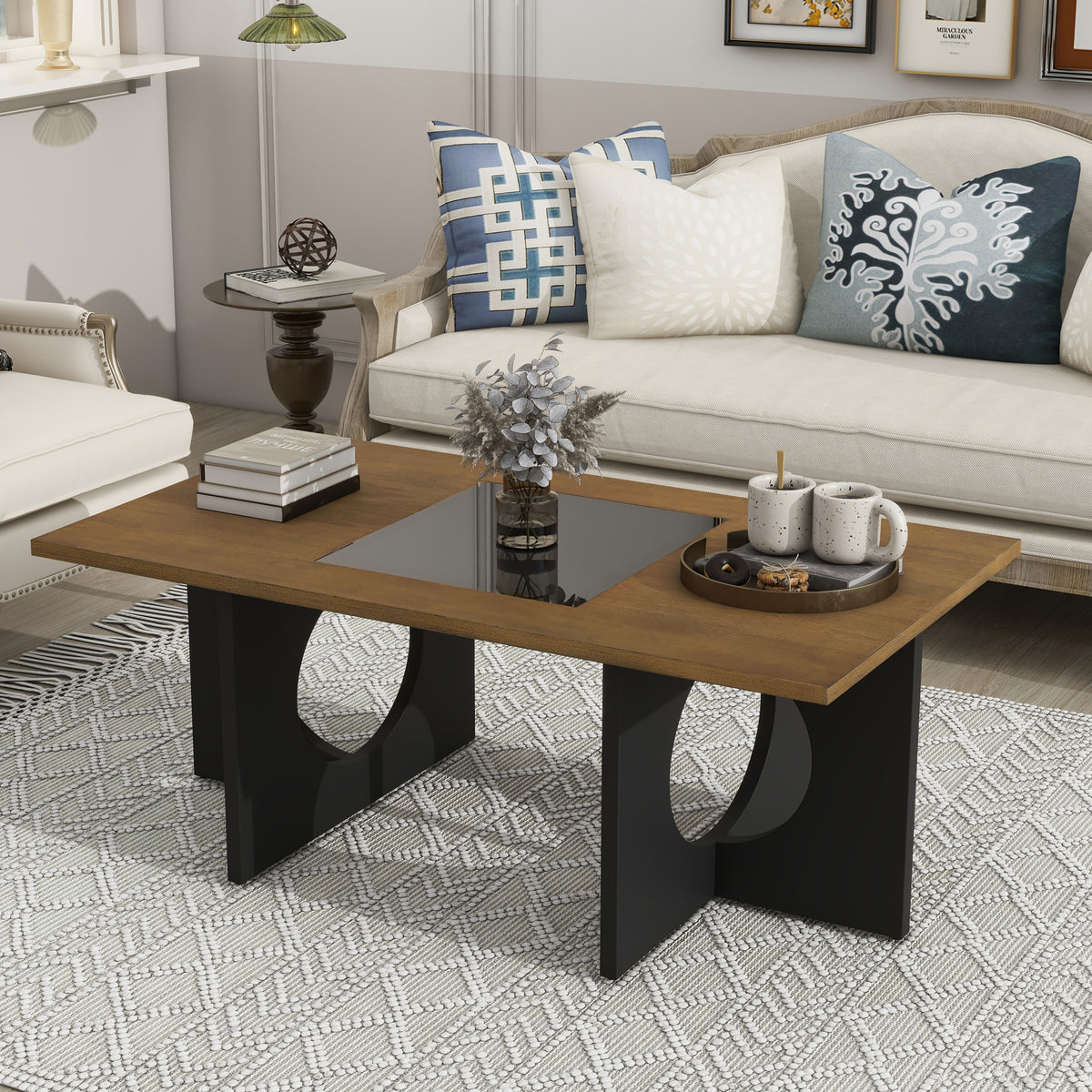 47' Contemporary Wood Rectangular Coffee Table with Clear Tempered Glass Top, Black and Light Espresso Top