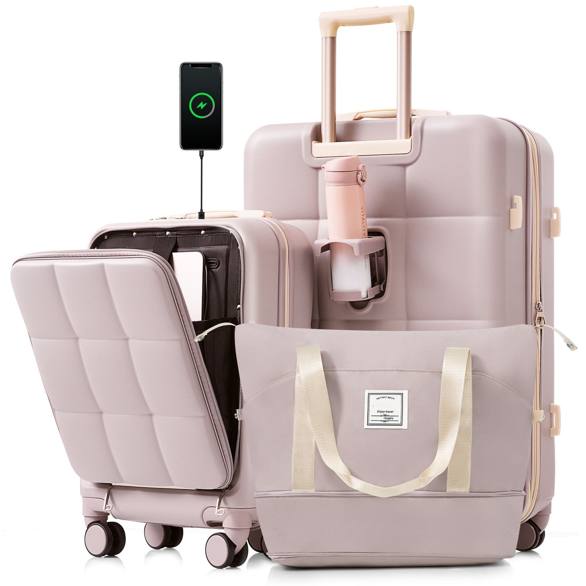 3-Piece Luggage Set with 20' Front-Opening Carry-On, 28' Expandable Suitcase, and Expandable Travel Bag, RosyBrown