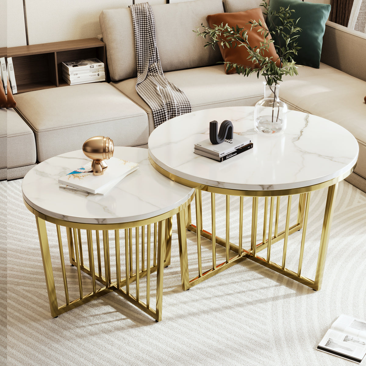 Modern Round Nesting Coffee Table Set 2-Piece White & Marbling Top Gold Base