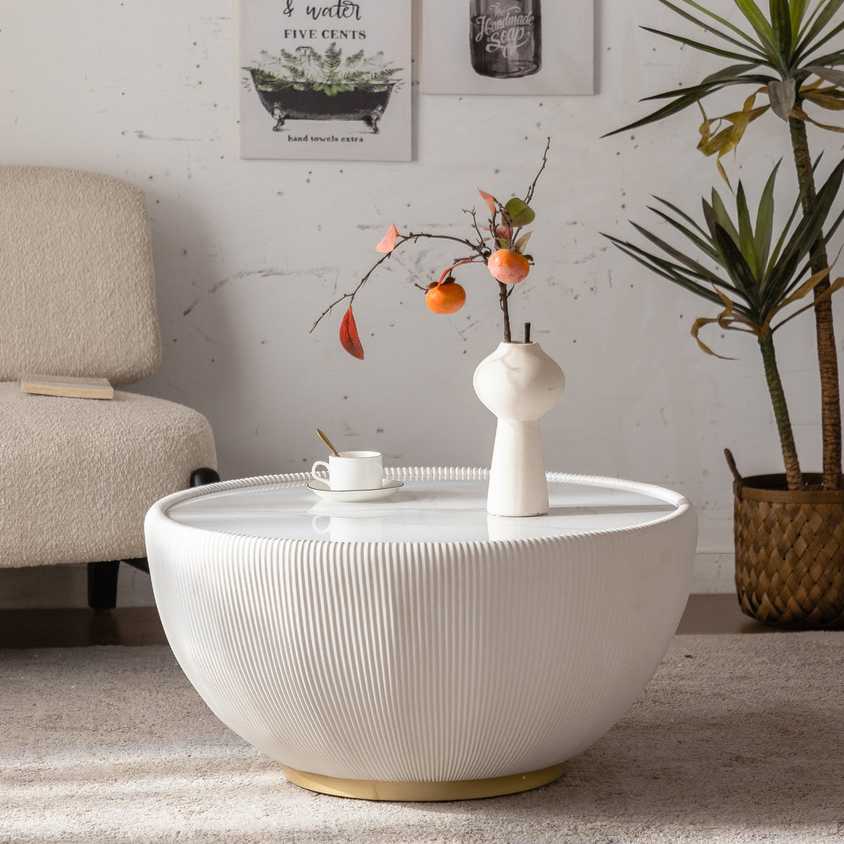 Modern Round Coffee Table, Drum Coffee Table with Sintered Stone Tabletop, Fluted PU Leather Covered and metal Base, 29.53' White Coffee Table for Living Room Home Office