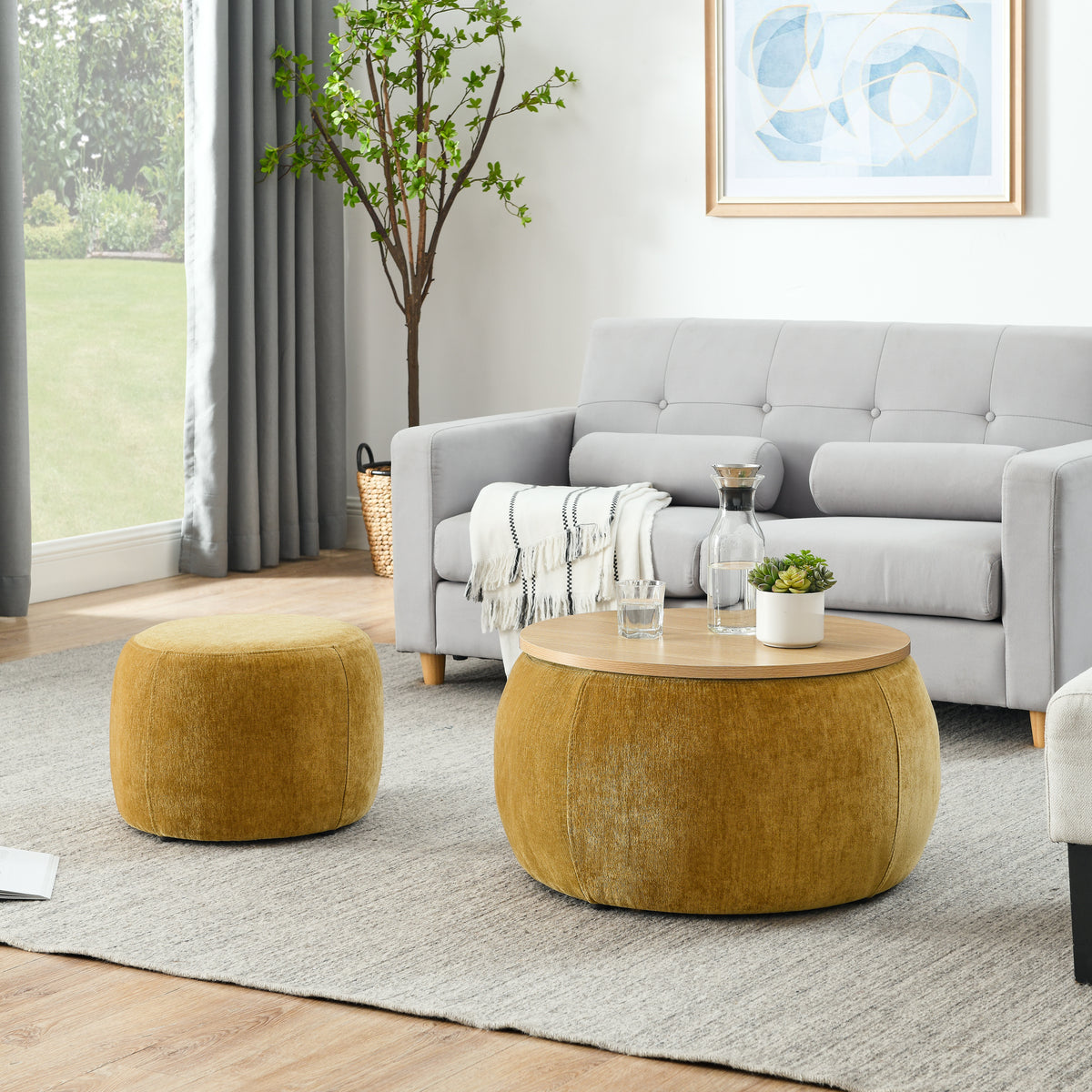Round Storage Ottoman, 2 in 1 Function, Work as End table and Ottoman,with small seat,Dark yellow(25'x25'x14.7') ow