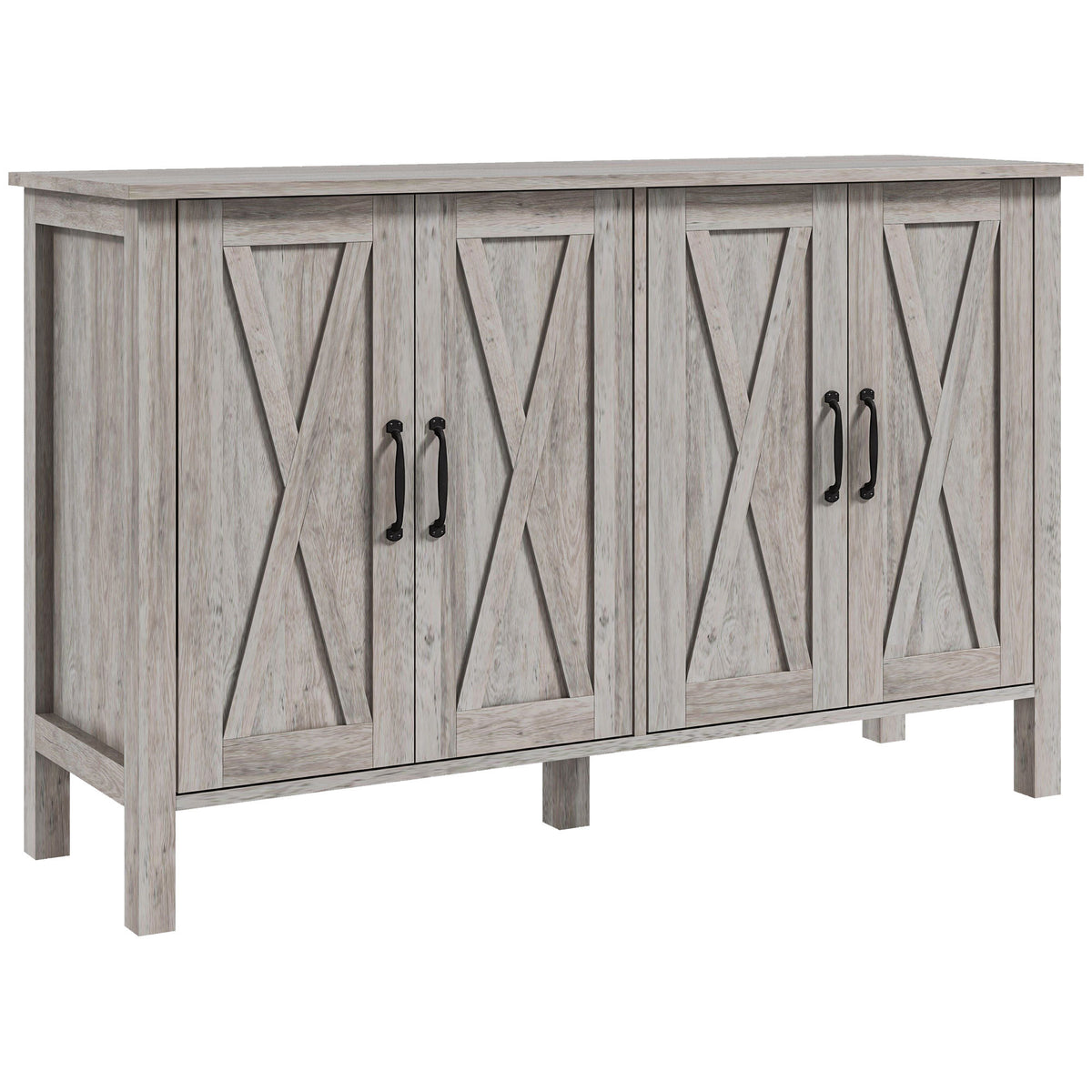 Buffet Cabinet, 47' Sideboard with 4 Barn Doors and 2 Adjustable Shelves, Farmhouse Coffee Bar Cabinet, Gray Wood Grain