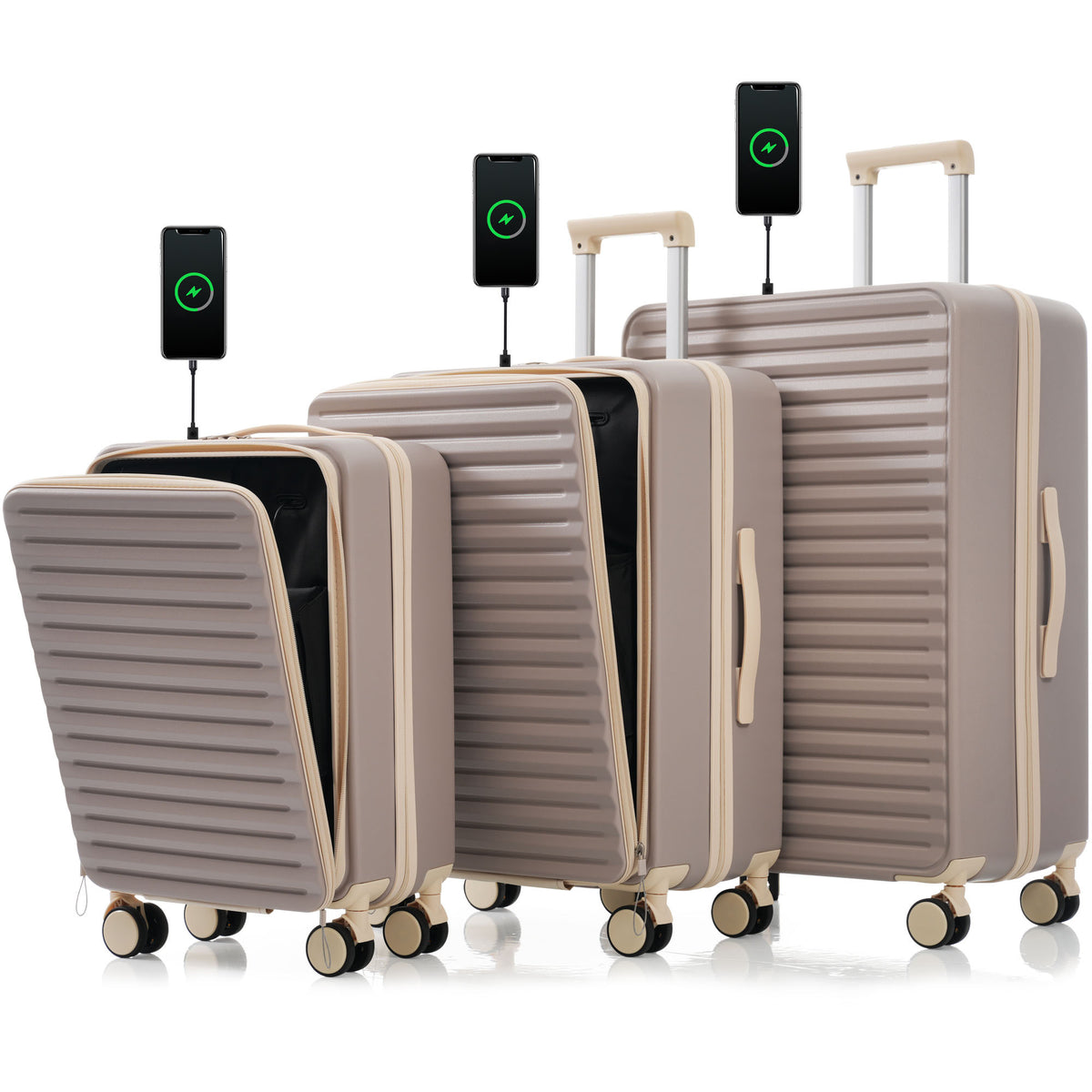 Luggage 3 Piece Sets20'24'28', 20 '24' with front pocket,Hard Shell Luggage Carry on Luggage Set with TSA Lock ,
usb, universal wheel,cup holder,light brown