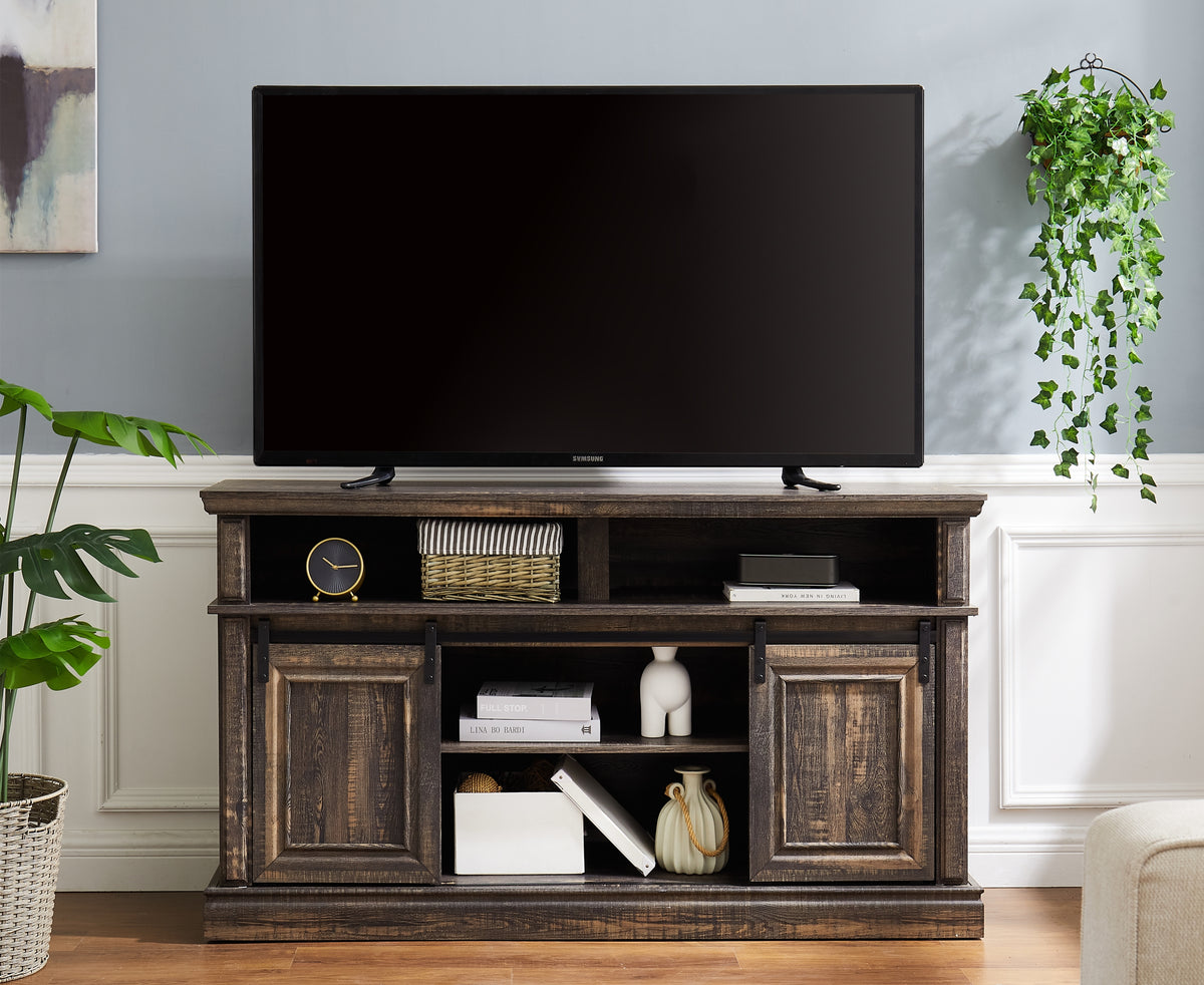 Media Console Table with Storage Cabinet, Mid Century style Entertainment TV Table, Multipurpose Sliding Door TV Cabinet Large Storage Space, 58.11'W*15.79'D*32.36'H Antique brown