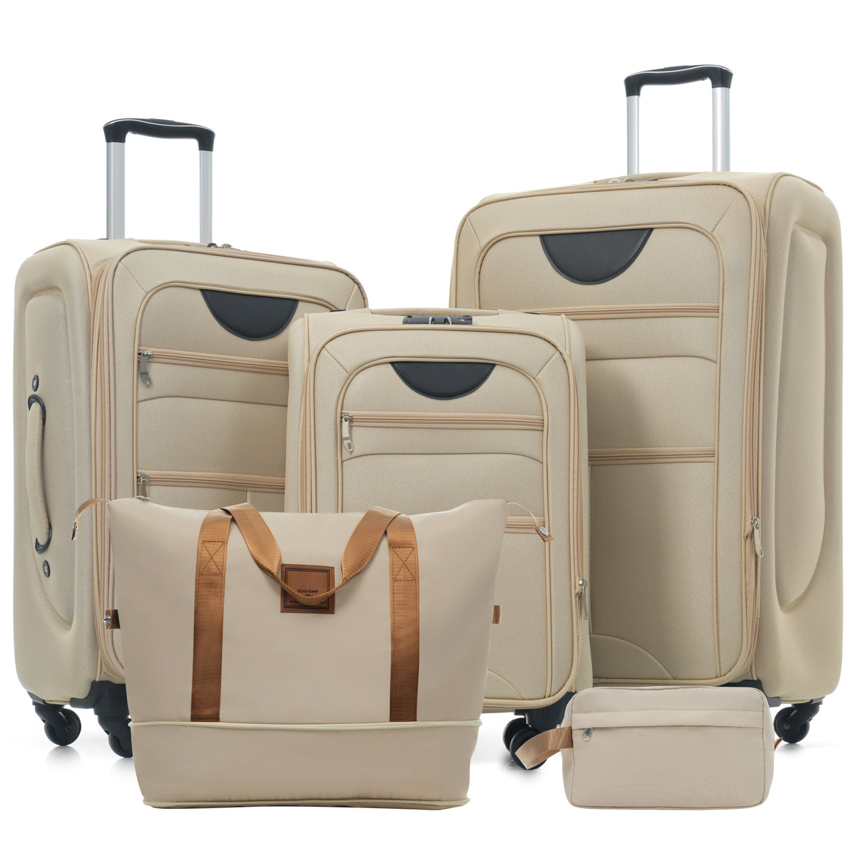 Khaki Softshell Expandable Luggage Set with Duffel Bag - 22/26/30 IN Lightweight Spinner Suitcase Travel Kit