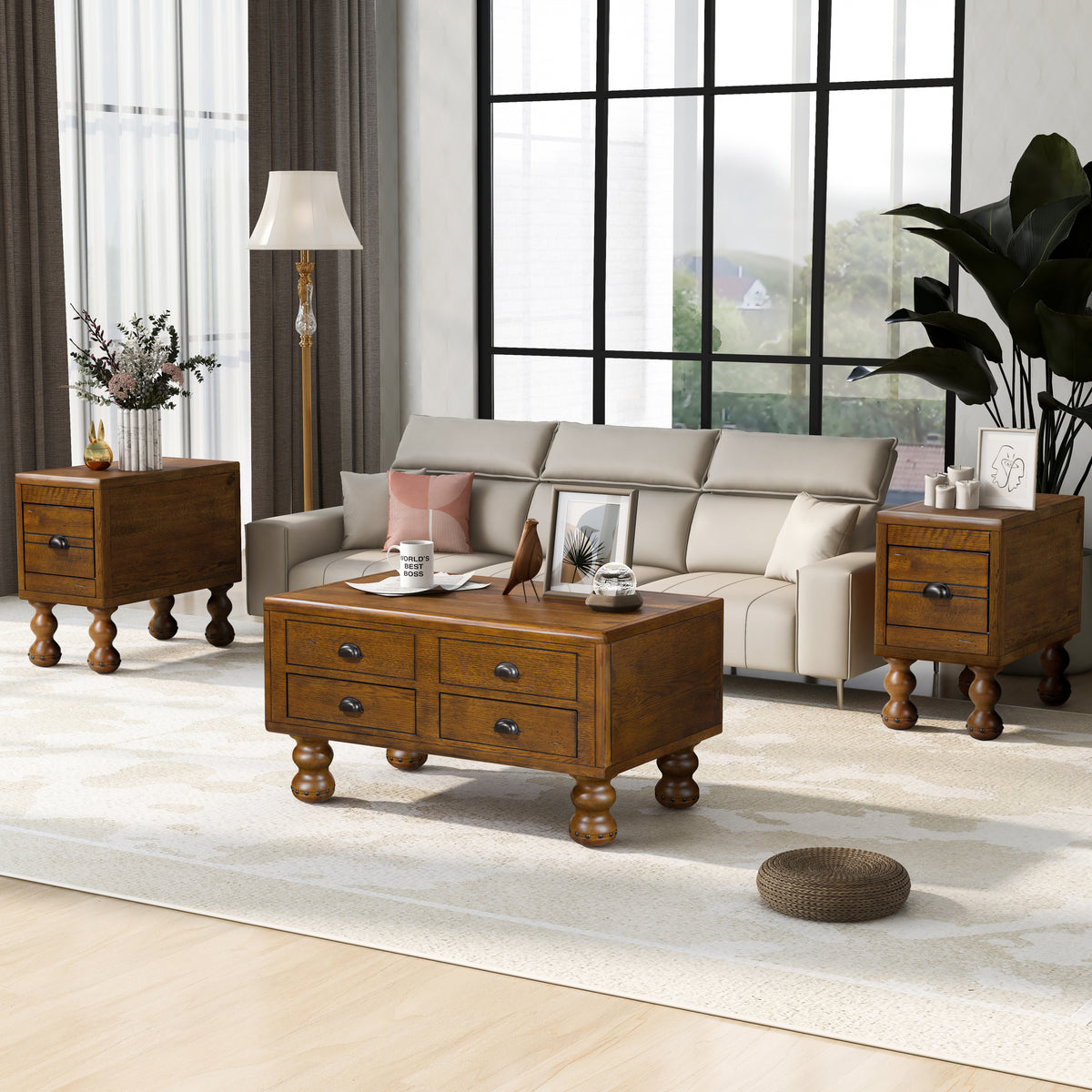 Rectangle Living Room Coffee Table Set, 3-Piece Solid Wood Living Room Table Set, 1 Coffee Table and 2 End Table, Wood Center Tea Table Set with Rivet Decoration Legs.Easy Assembly, Antique Brown