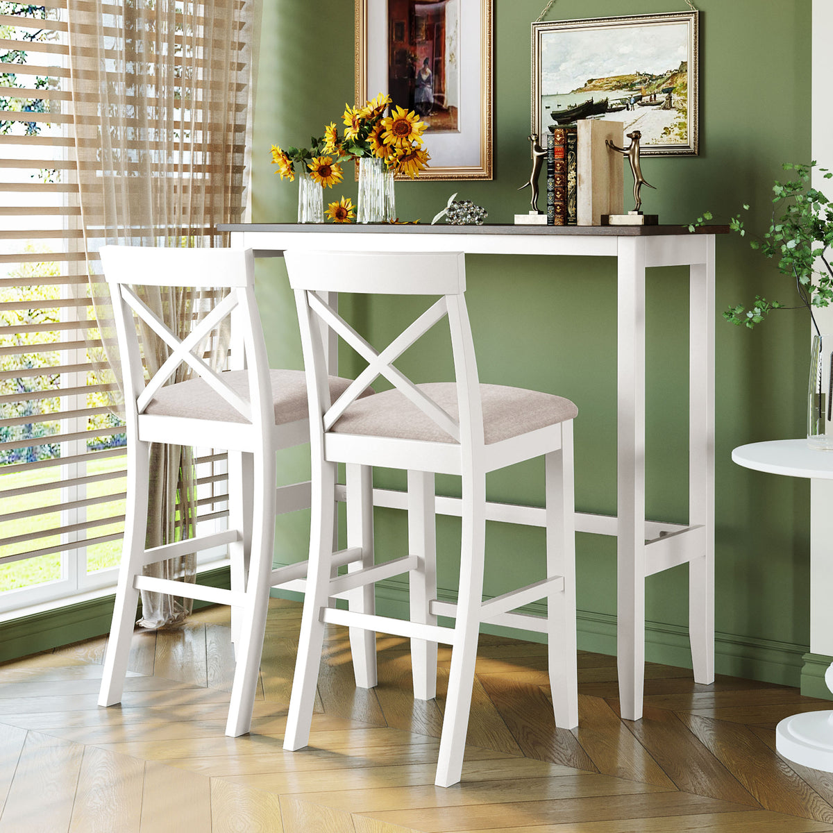 TOPMAX Farmhouse 48'Rectangular Wood Bar Height Dining Set Kitchen Breakfast Nook with 2 Chairs for Small Places,Cherry+White