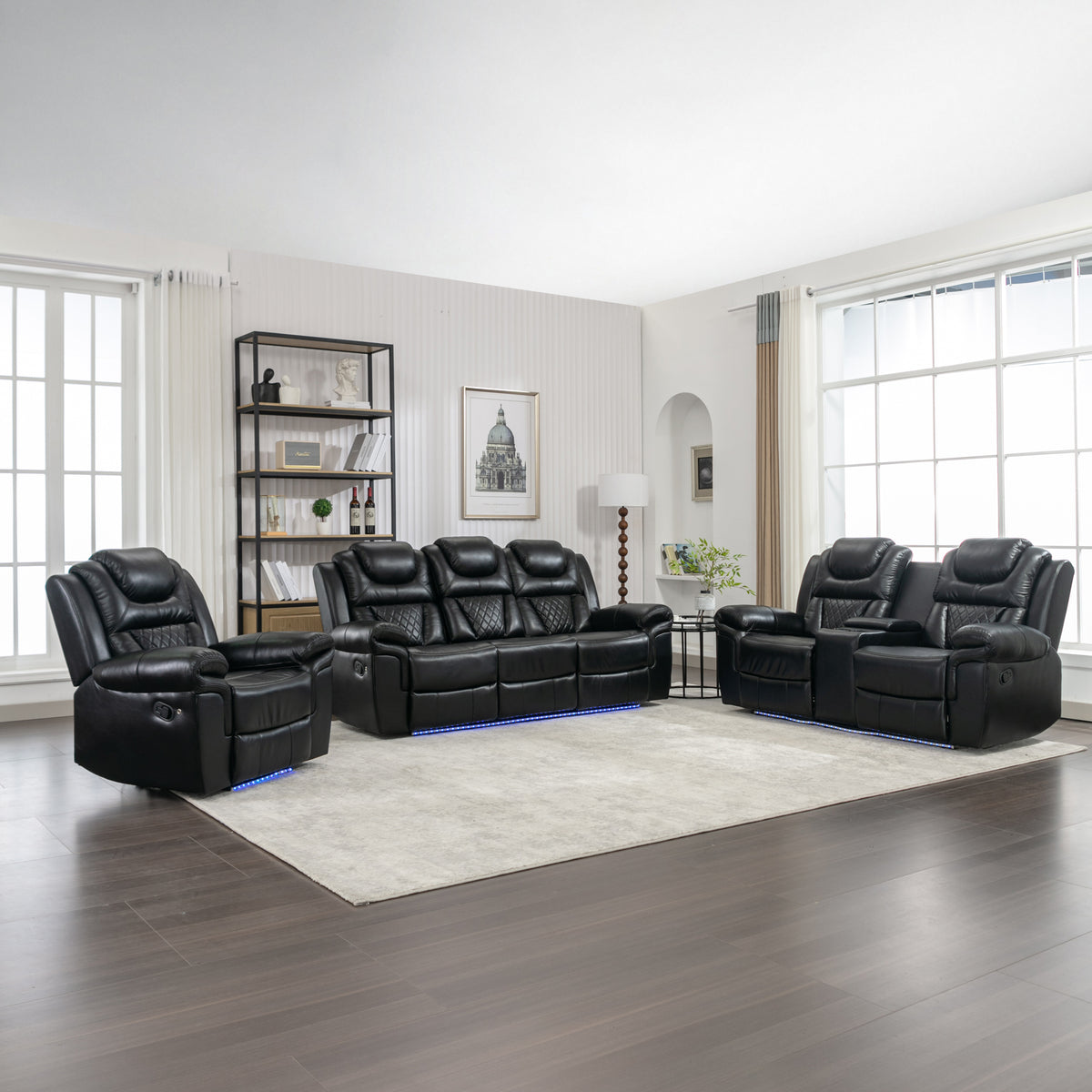 3 Pieces Recliner Sofa Sets Home Theater Seating Manual Recliner Chair with Center Console and LED Light Strip for Living Room, Black