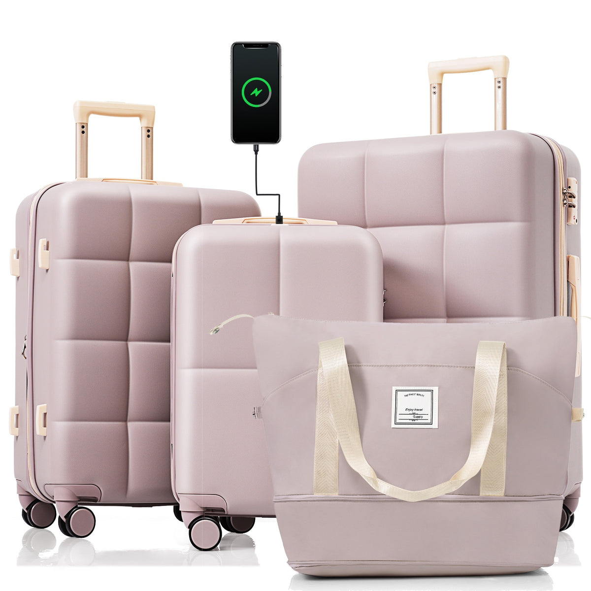 Luggage Sets 4 Piece, 20-inch with USB Port, Expandable ABS Durable Suitcase with Travel Bag, Cup Holder, ABS Hard Shell Luggage with Spinner Wheels, RosyBrown