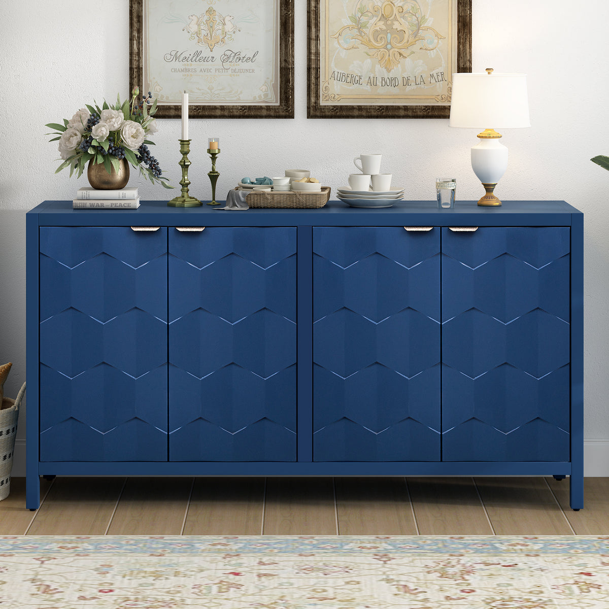 U_STYLE Luxurious Four-Door Sideboard with Honeycomb Patterned Doors, Offering Ample Storage for Study,Entrance and Living Room