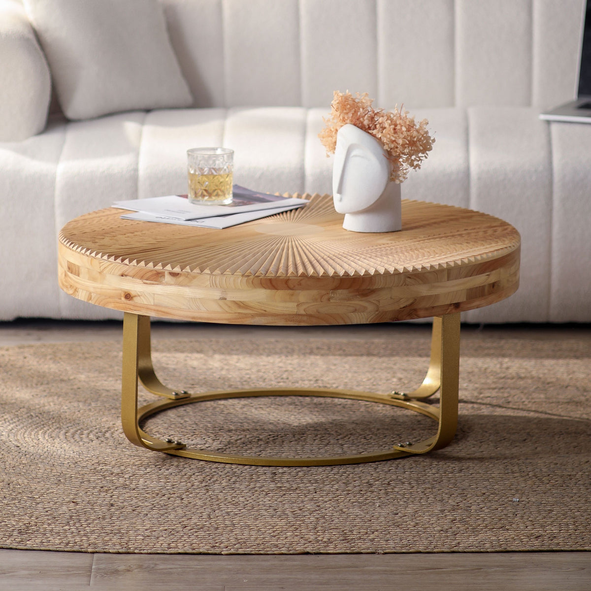 Modern round coffee table Wooden carving pattern coffee table with metal legs for living room reception room office Golden