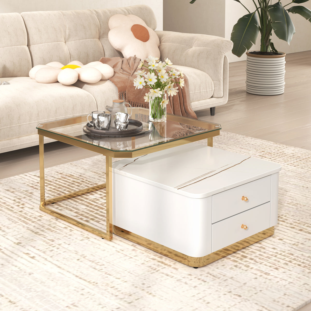 Modern 2 Pieces White Square Nesting Coffee Table with Drawers & Electroplated gold legs in 27.6''