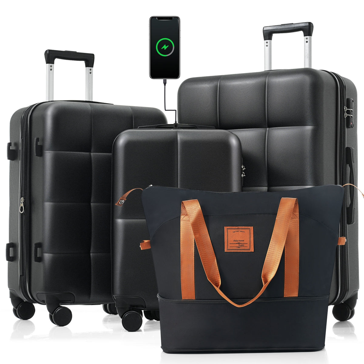 Luggage Sets 4 Piece, 20-inch with USB Port, Expandable ABS Durable Suitcase with Travel Bag, Cup Holder, ABS Hard Shell Luggage with Spinner Wheels, black and brown