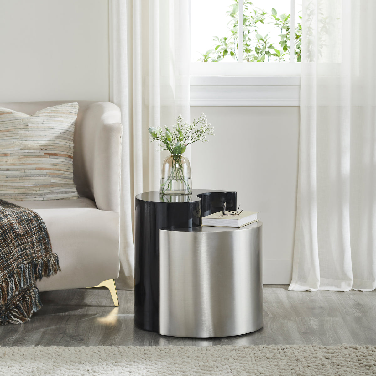 Modern & Contemporary Style End Table Made with Iron Sheet Frame in Black & Silver