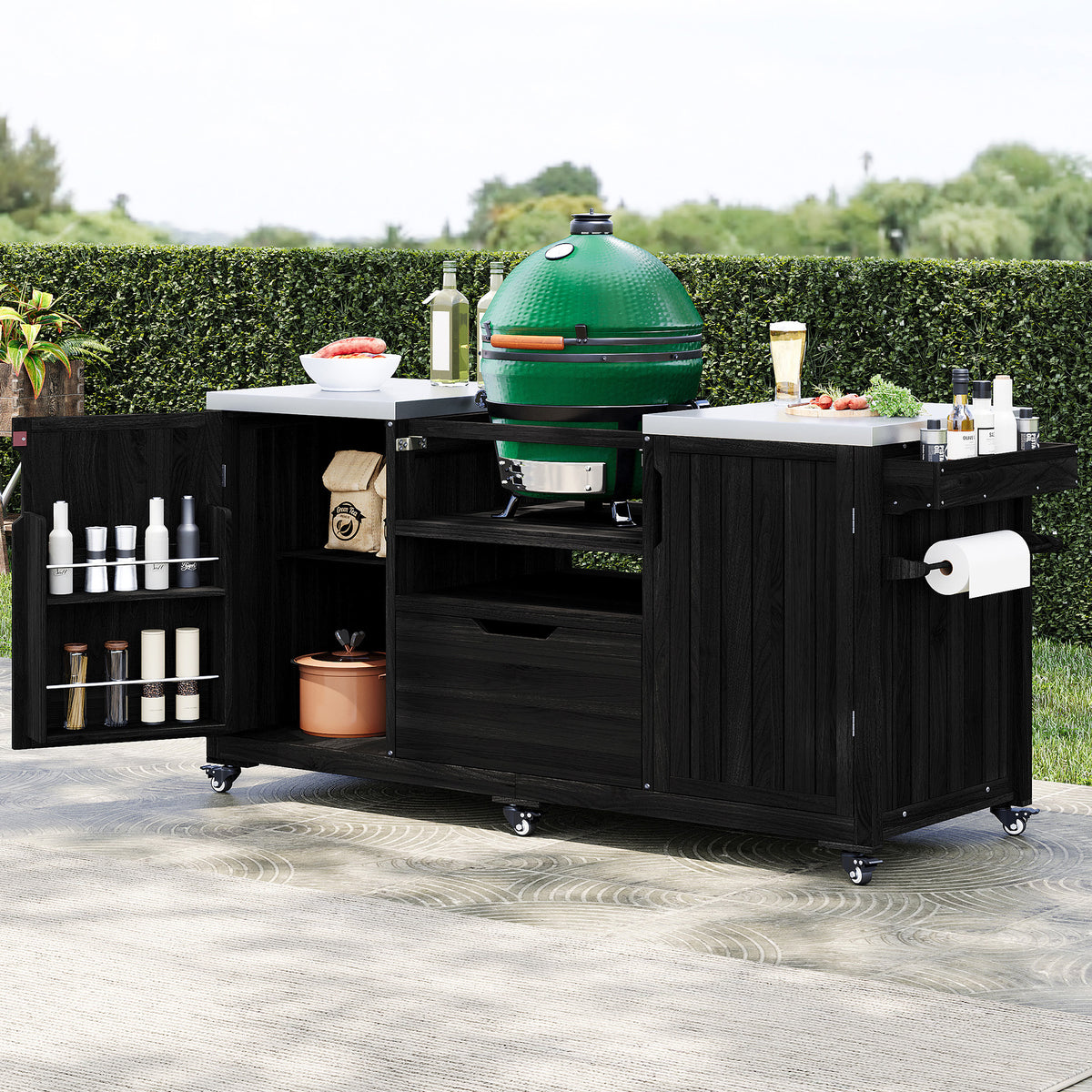 K&K 66.5' Outdoor Kitchen Island for Big Green Egg Grills, Solid Wood Outdoor Grill Cart for Tabletop Grill with Stainless Steel Top, Drawer, Compatible with Large Big Green Egg, Kamado Joe- Black