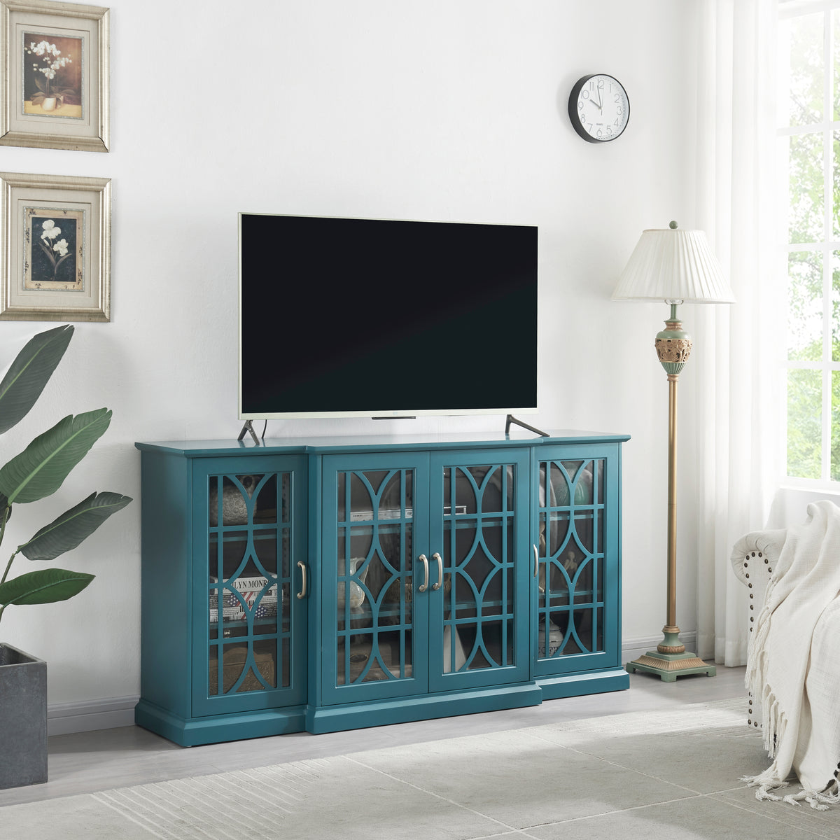 63' TV Stand, Sideboard Buffet ,Storage Cabinet, Teal Blue