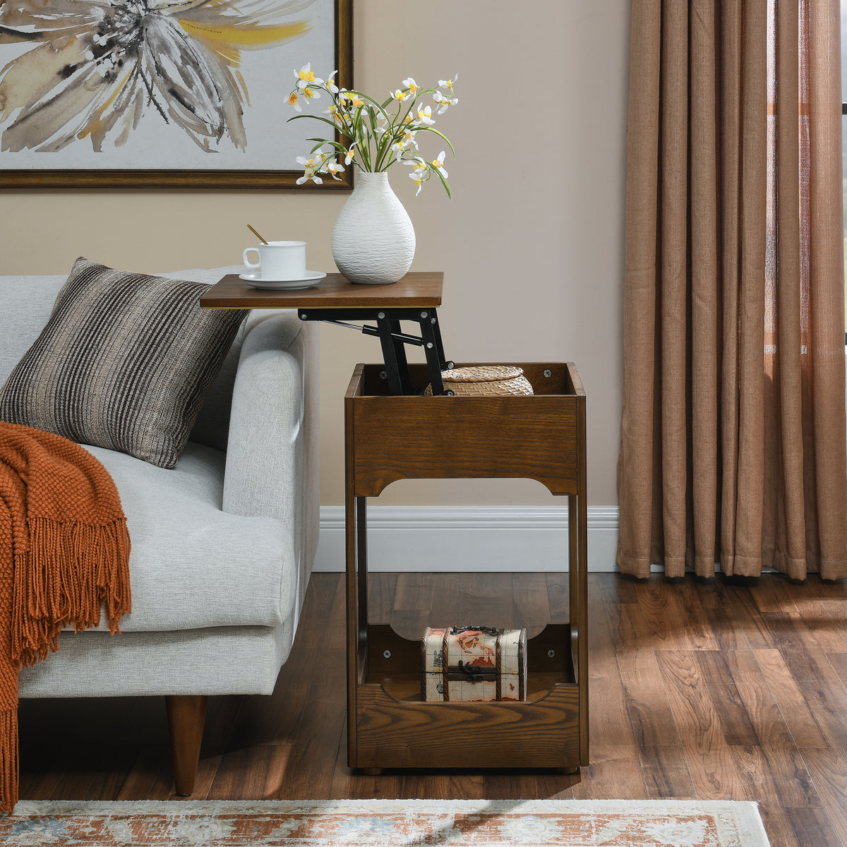 Mid Century Modern Lift Top Side Table, Small Rising End Table Couch Table with Storage Shelf, Wooden Nightstand for Home Living Room, Office, Reception