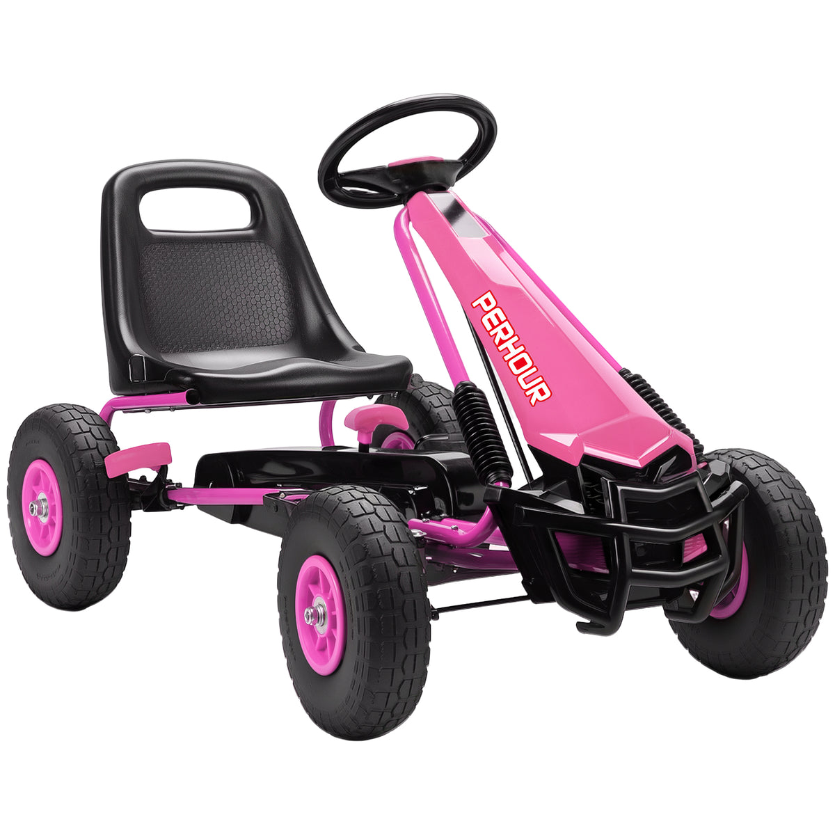 Qaba Go Kart for Kids, 4 Wheel Pedal Go Cart with Adjustable Seat, Steering Wheel, EVA Wheels, Brake, Outdoor Racer Ride On Pedal Car for Boys & Girls Aged 3-8 Years Old, Pink