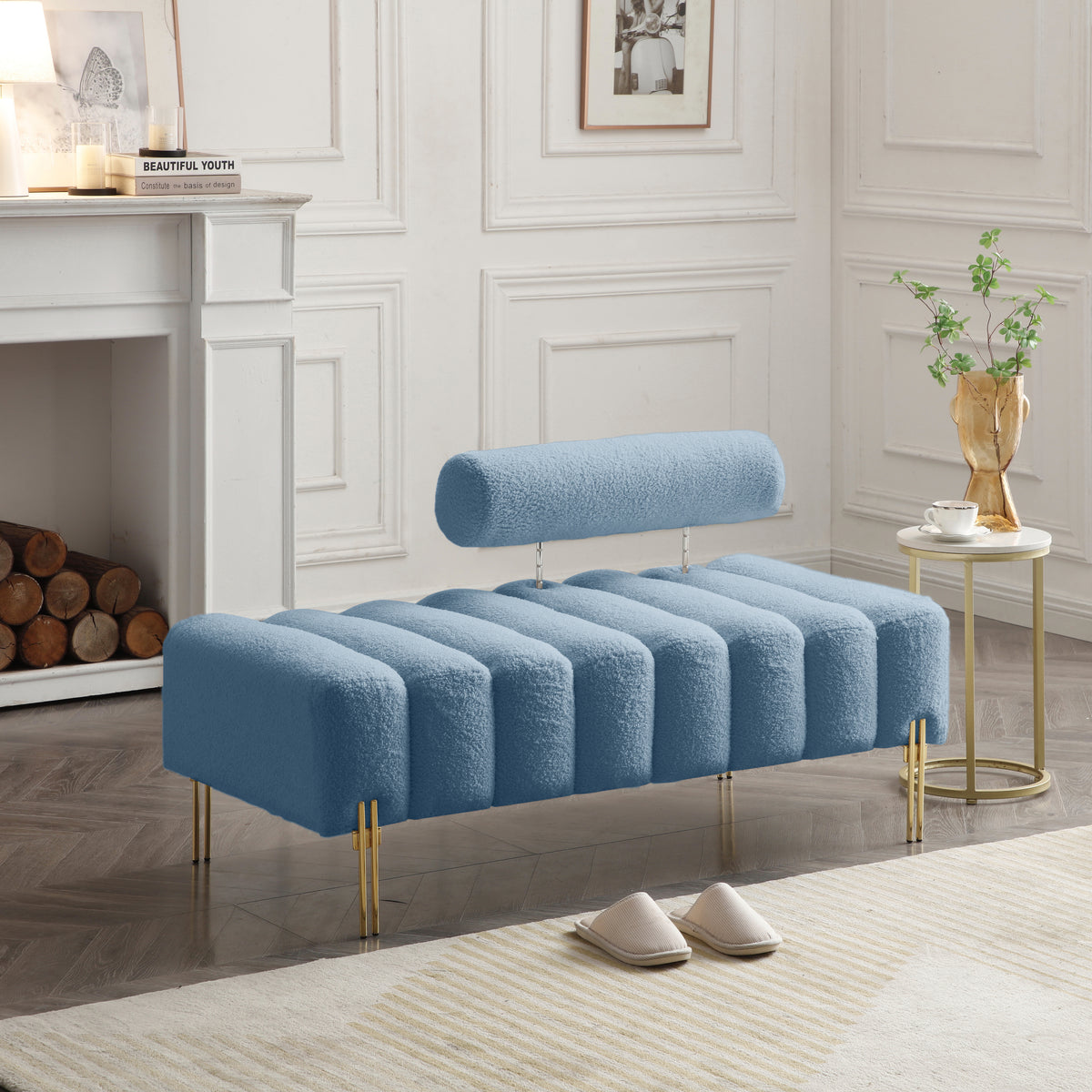 53.2' Width Modern End of Bed Bench Sherpa Fabric Upholstered 2 Seater Sofa Couch Entryway Ottoman Bench Fuzzy Sofa Stool Footrest Window Bench with Gold Metal Legs for Bedroom Living Room,Light Blue