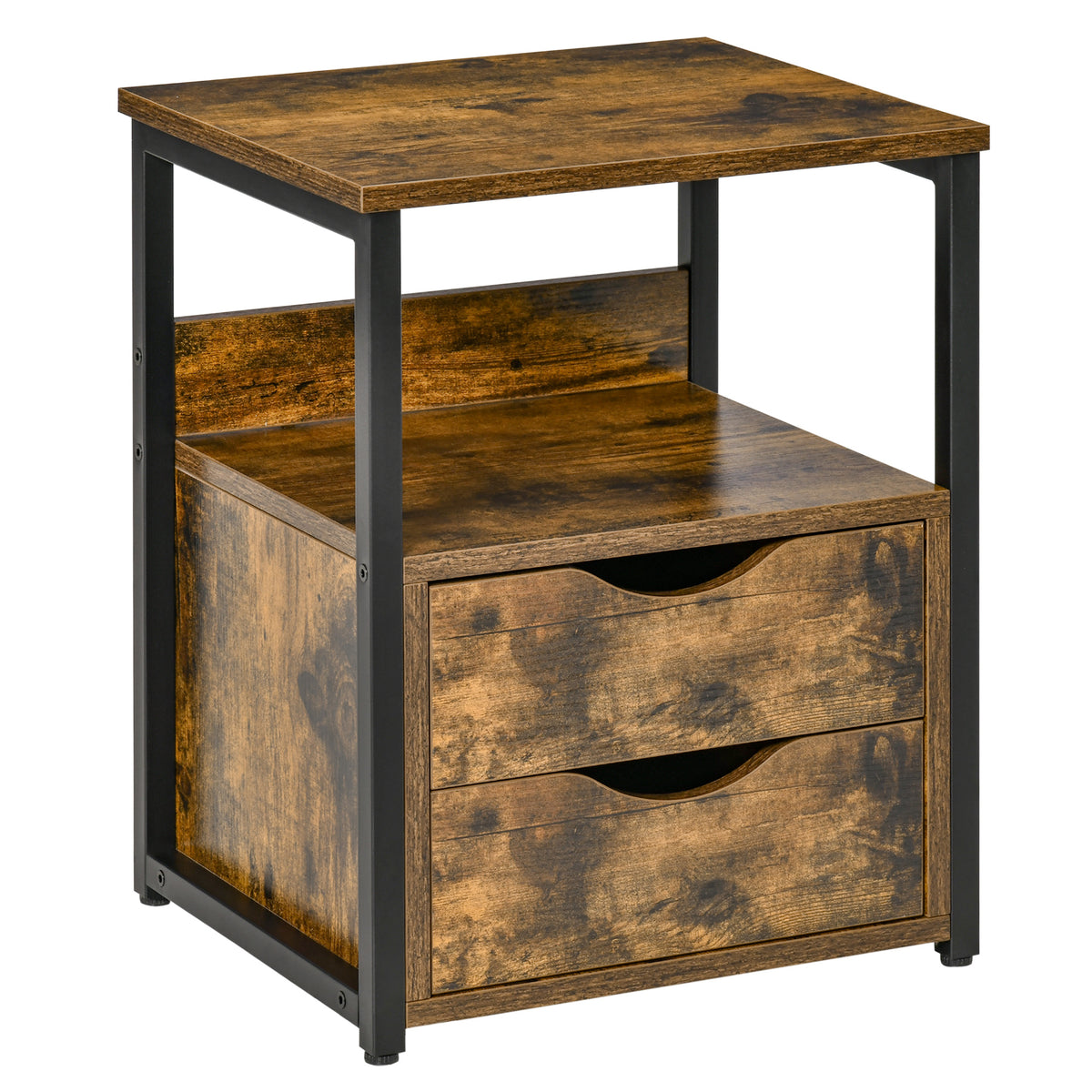 HOMCOM Industrial Side Table with 2 Drawers, Small End Table with Storage Shelf, Accent Sofa Table with Groove Handle and Metal Frame for Living Room, Brown