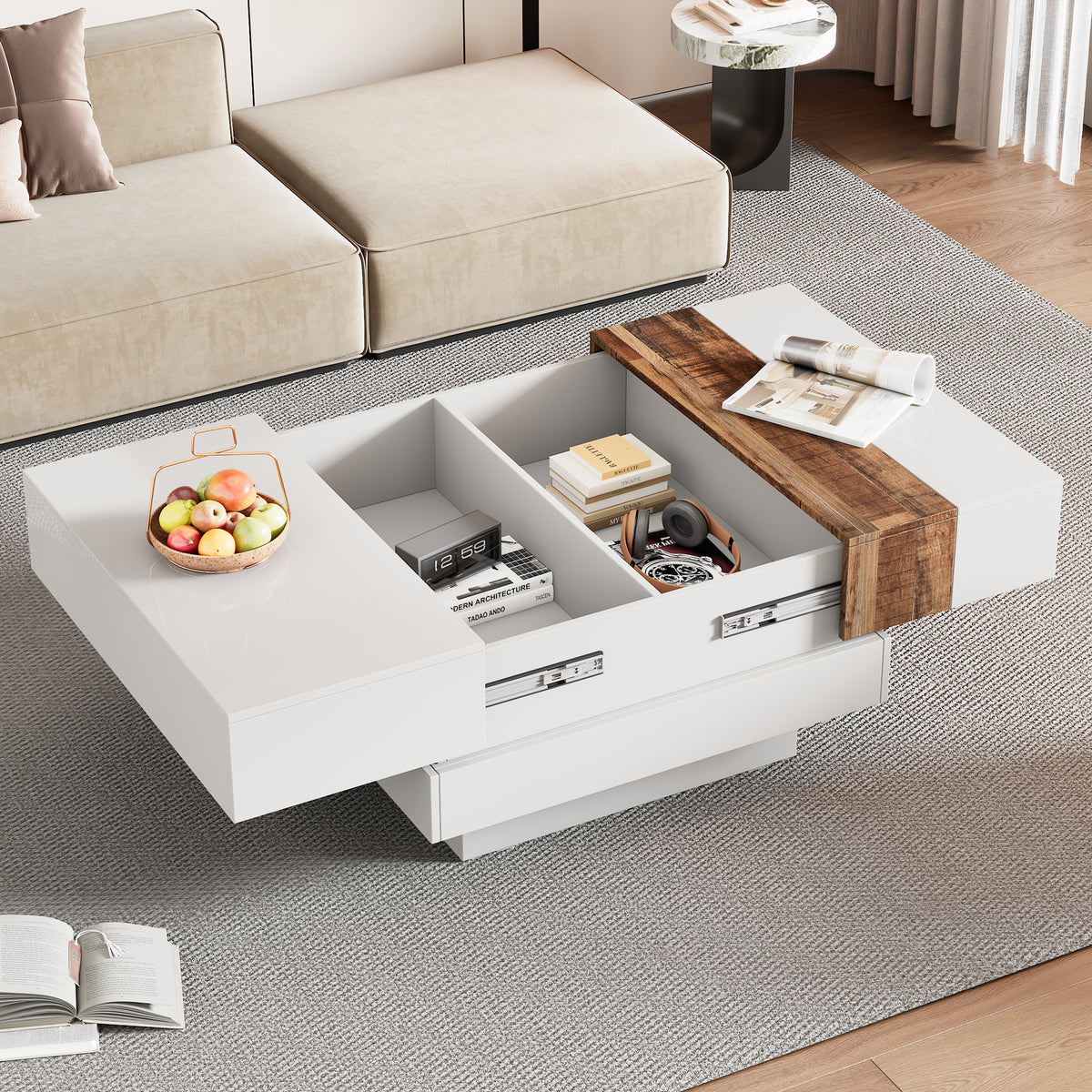 ON-TREND 31.4'' x 31.4'' Square Coffee Table with Sliding Tabletop, High Gloss Center Table with Hidden Storage Compartment, Extendable Cocktail Table with Walnut Grain Finish for Living Room, White