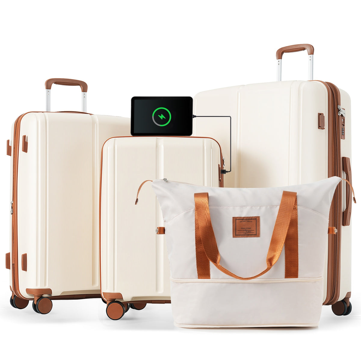Luggage Sets 4 Piece, Expandable PP Lightweight Suitcase with Travel Bag, Carry On Luggage Suitcase Set with 360° Spinner Wheels, Ivory and Brown