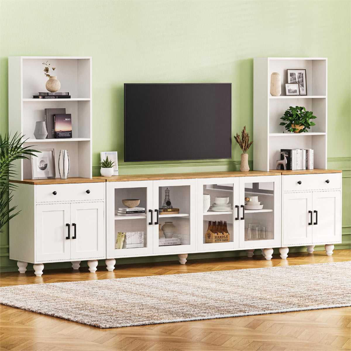 ON-TREND Farmhouse TV Stand with Solid Wood Gourd-Shaped Legs for TVs Up to 70', Entertainment Center with Bookshelves & Tempered Glass Doors, Media Console with Adjustable Shelves, Living Room, White