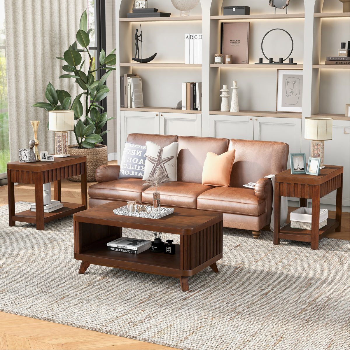 Rectangular Living Room Coffee Table Set, 3-Piece Living Room Table Set with Solid Wood Legs, 1 Coffee Table and 2 End Table, Wood Center Table Tea Table Set .Easy Assembly, Espresso