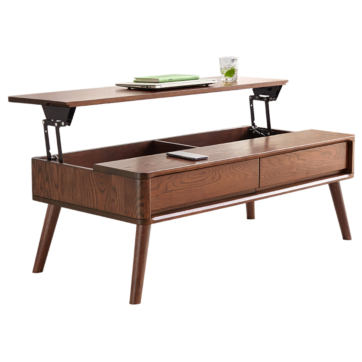 Elevating Center Table Low Table 100% Solid Oak Wood Top Plate Desk Coffee Table Width 120 x Depth 65 x Height 45 cm Study Desk Work From Home Easy To Assemble Walnut Color Wood With Storage Shelf