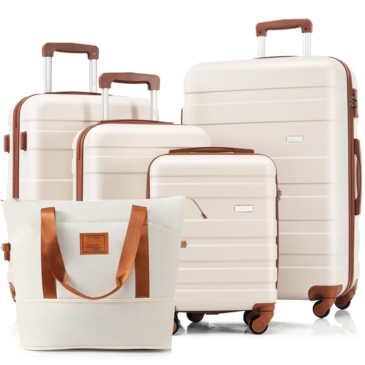 5-Piece Luggage Set with Expandable Travel Bag - Includes 16', 20', 24', 28' Suitcases with 360° Spinner Wheels and Adjustable Telescopic Handles, ivory and brown