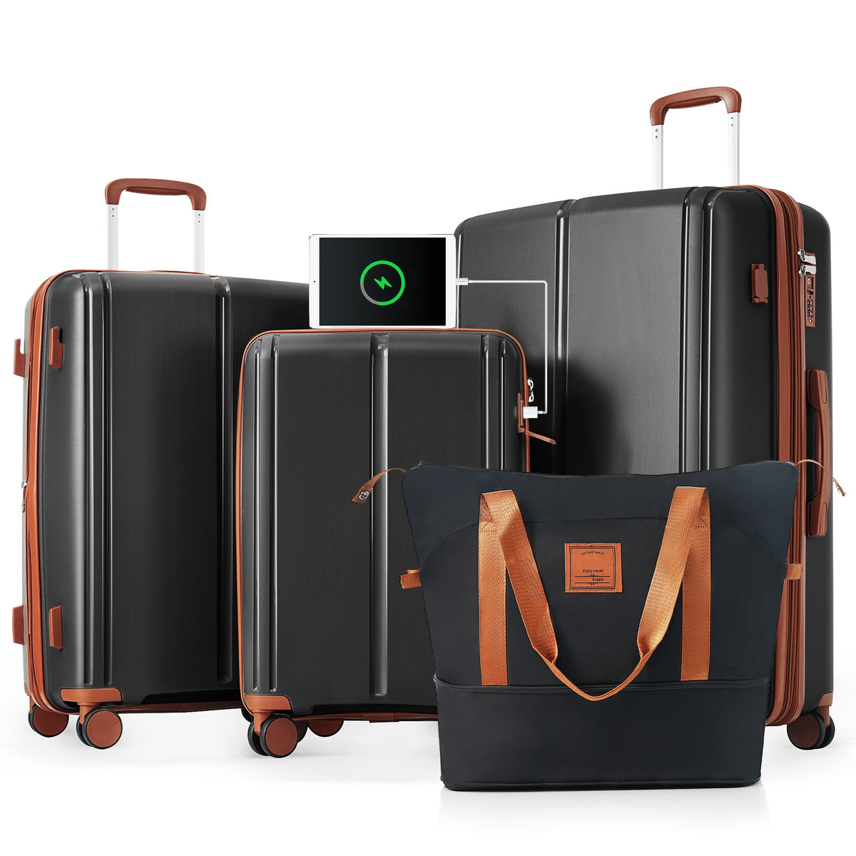 Luggage Sets 4 Piece, Expandable PP Lightweight Suitcase with Travel Bag, Carry On Luggage Suitcase Set with 360° Spinner Wheels, black and Brown
