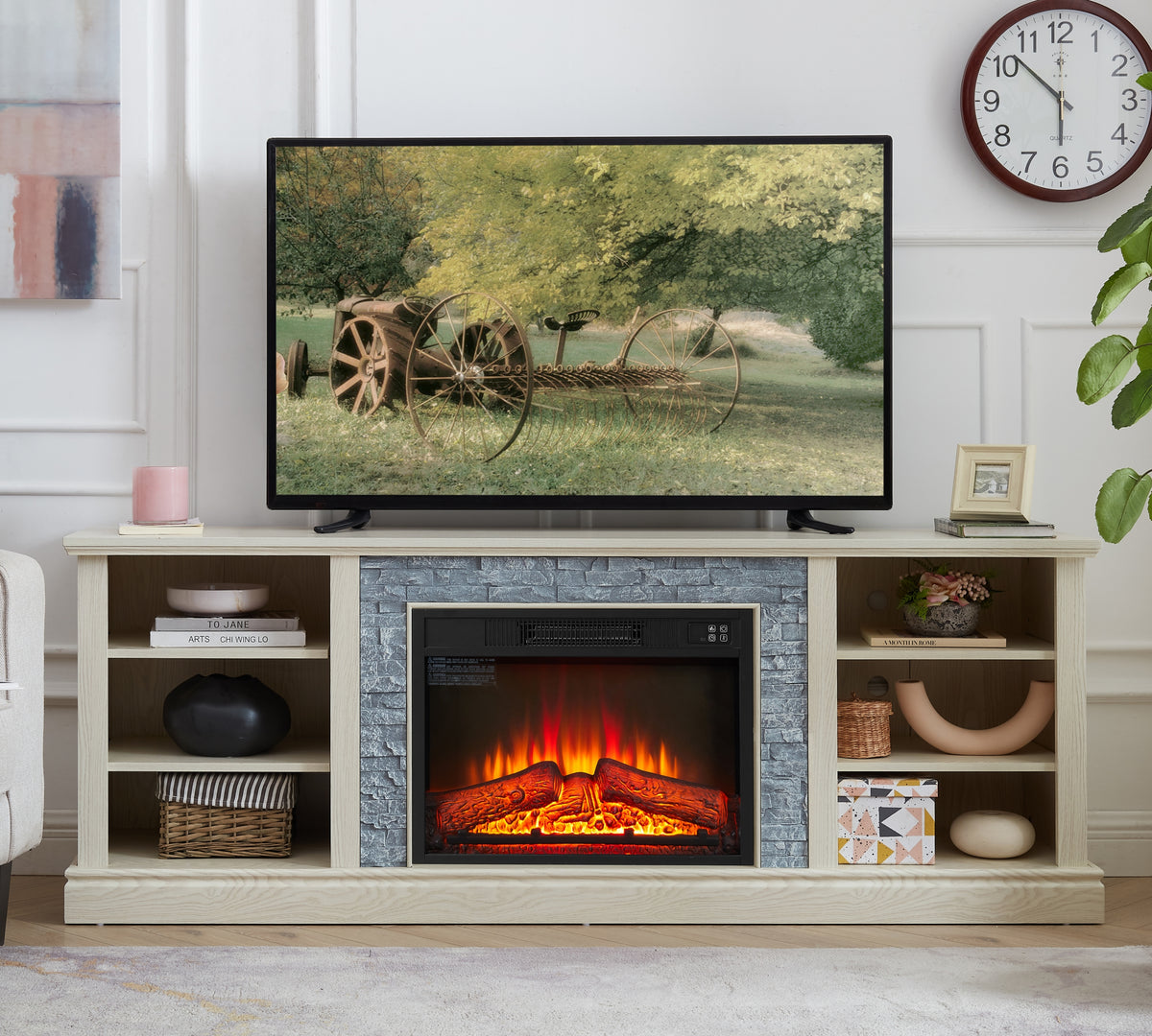 Large Faux Stacked Stone TV Desk Storage Rack, Media Console Table with Large Storage Cabinet,Modern TV Media Stand with 23' Fireplace Insert,White, 70.12'W*15.35'D*25.83'H