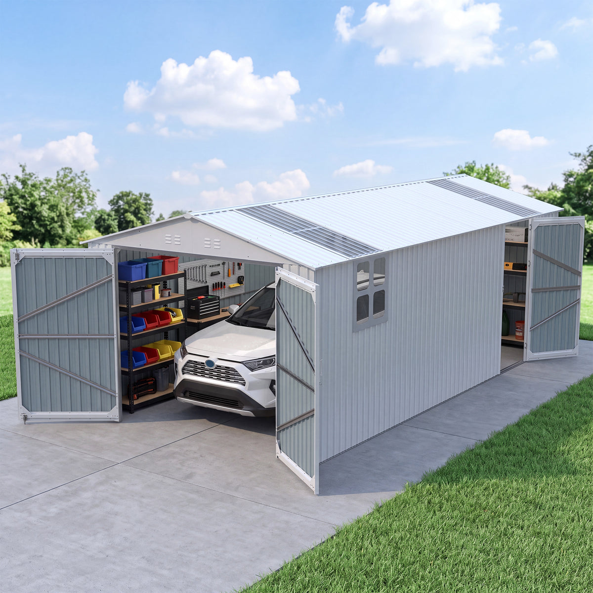 Outdoor Storage Shed 20x10 FT, Metal Garden Shed Backyard Utility Tool House Building with Window 2 Doors and 4 Vents for Car,Truck,Bike, White