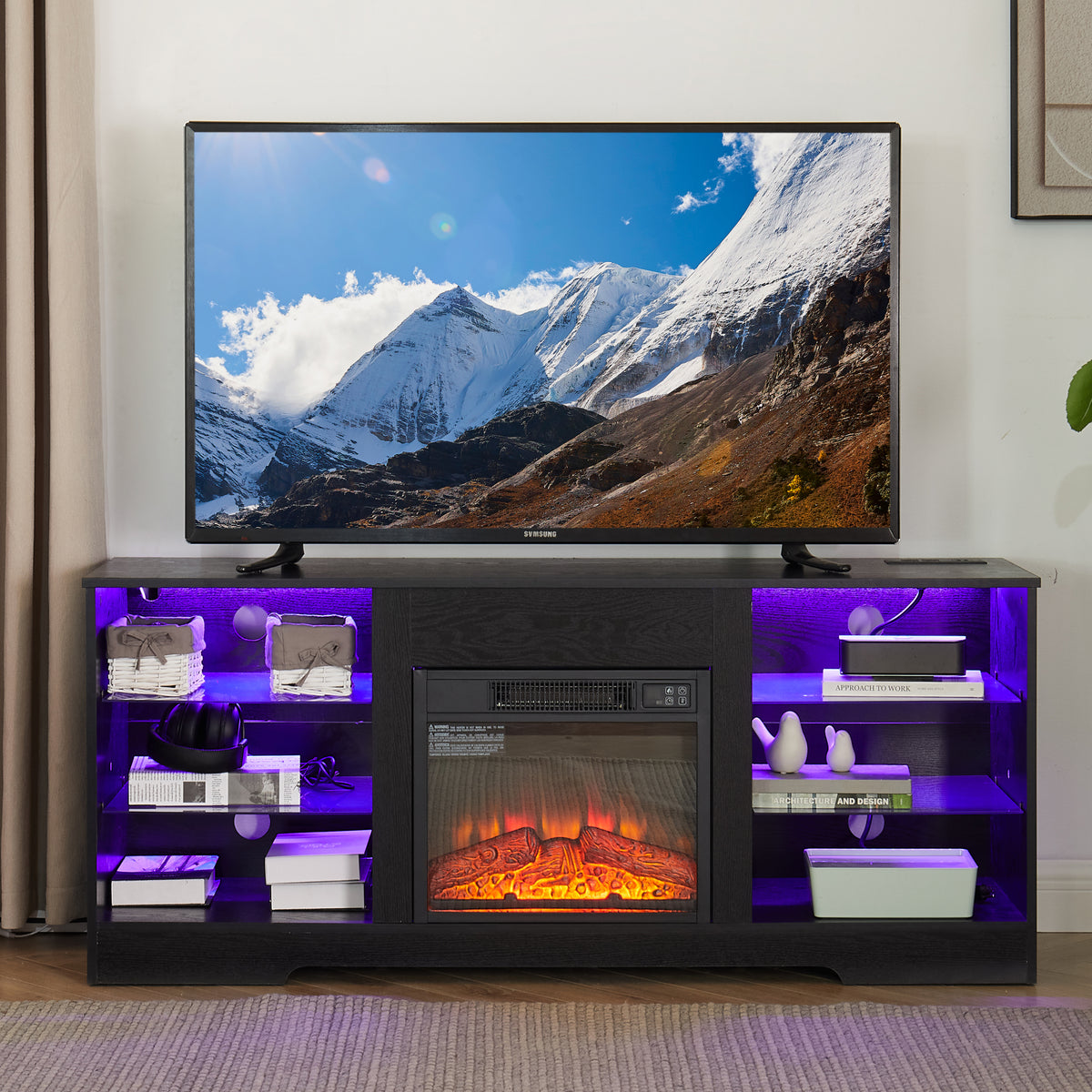 TV Stand Electric Fireplace Glass Shelves, 3D Fireplace TV Stand with LED Lights Wood with USB Charging Outlet Modern Television Table Center for TV up to 62' Black 58''W*15.5''D*24.4
