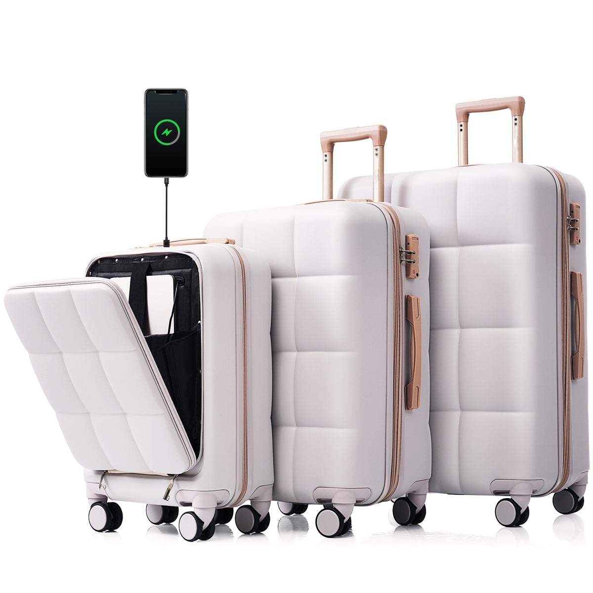 Luggage Sets 3 Piece, 20-inch with USB Port and front opening design, ABS Hard Shell Luggage with Spinner Wheels, Cup Holder, light grey