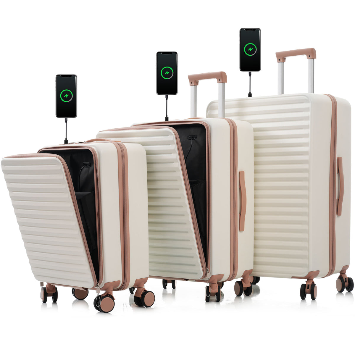 Luggage 3 Piece Sets20'24'28', 20 '24' with front pocket,Hard Shell Luggage Carry on Luggage Set with TSA Lock ,
usb, universal wheel,cup holder,milky white