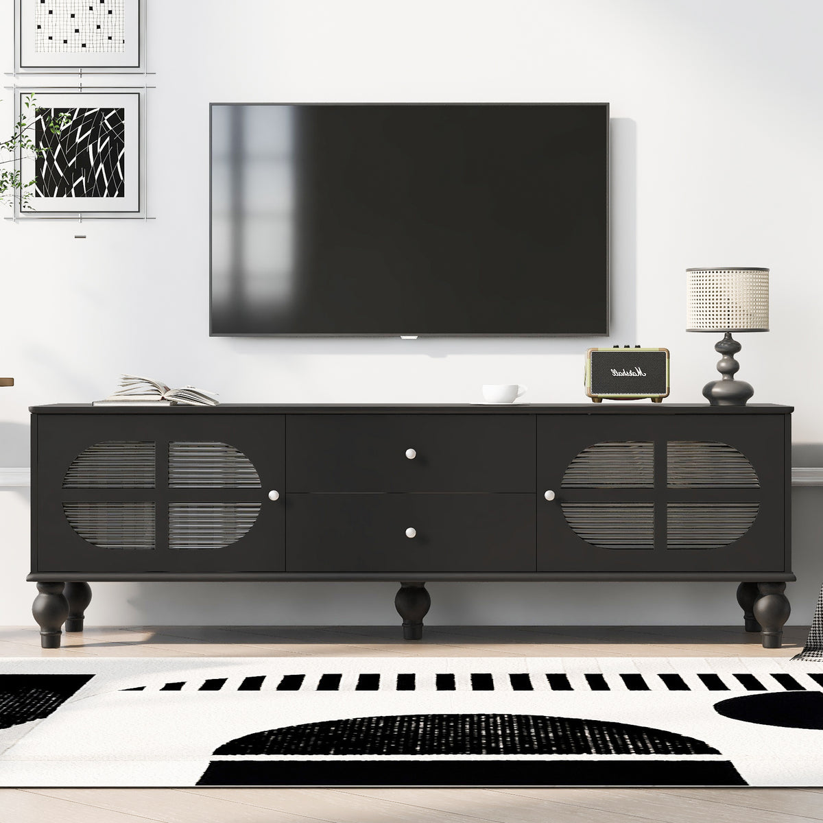 U-Can 68.9'' Modern TV Stand for TVs up to 75 Inches, Entertainment Center Media Console with Fluted Glass Doors, Five Solid Wood Legs for Living room