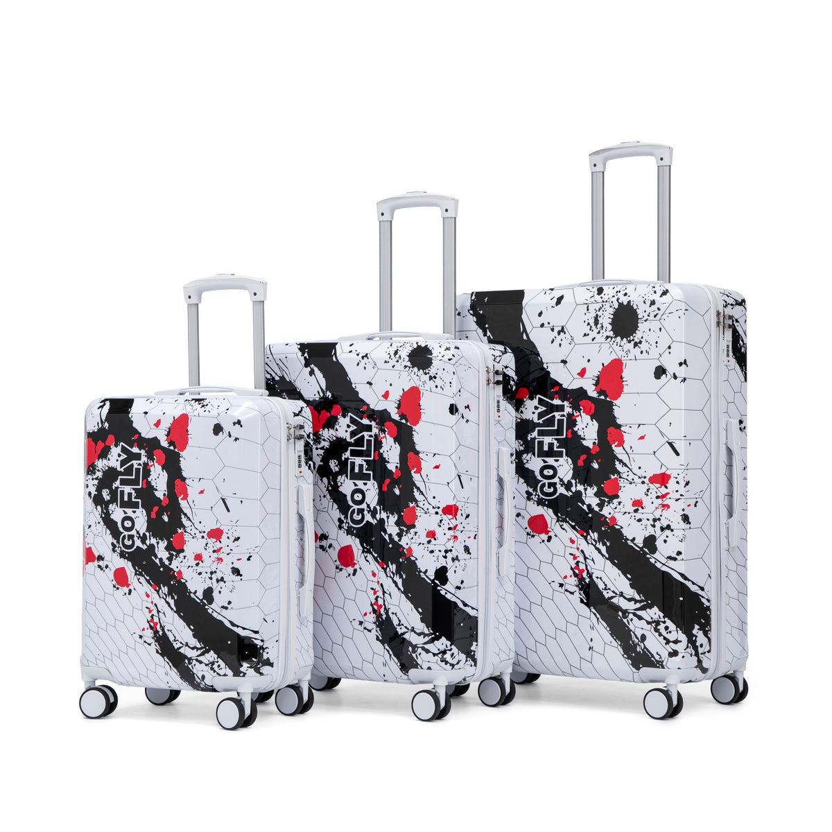 PC Spinner Luggage Set 20/24/28 Inch with Printed Pattern, Black, Durable Hard Shell, 3-Piece Travel Suitcase