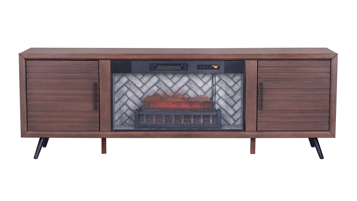 1pc Media Console Cabinet Brown Finish Built-in Electric Fireplace Flame Effect Adjustable Shelves Cord Holes Modern Home Furniture