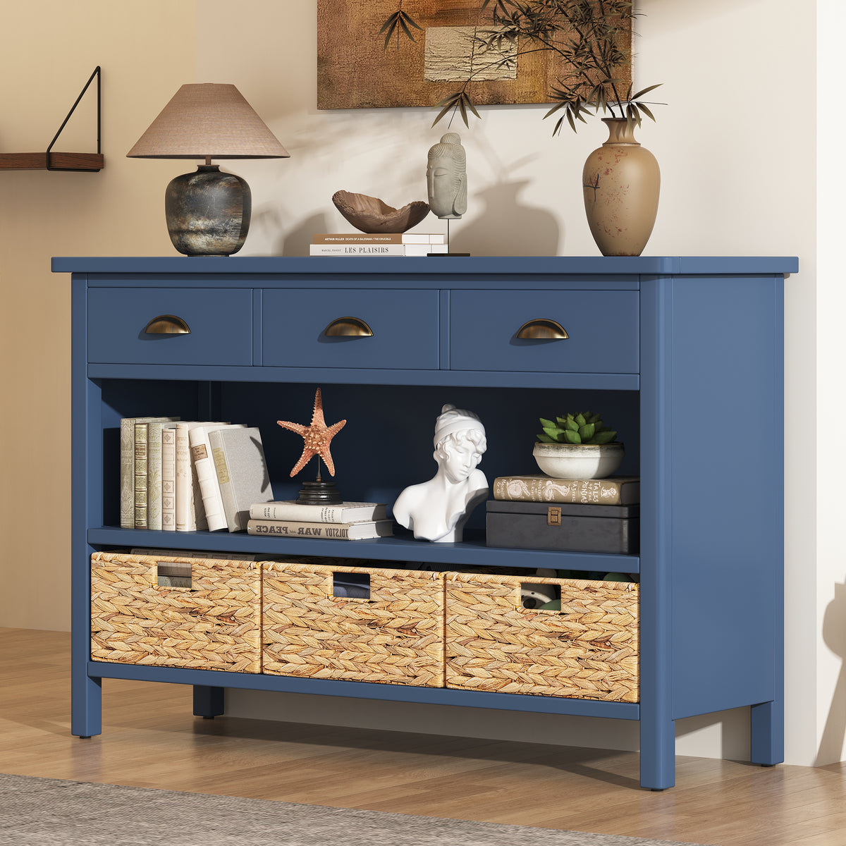 TREXM Retro Console Table with 3 Storage Drawers, Entryway Table with 3 Water Hyacinth Woven Baskets,Wooden Accent Sofa Table Buffet Cabinet for Entryway, Hallway and Living Room (Navy)