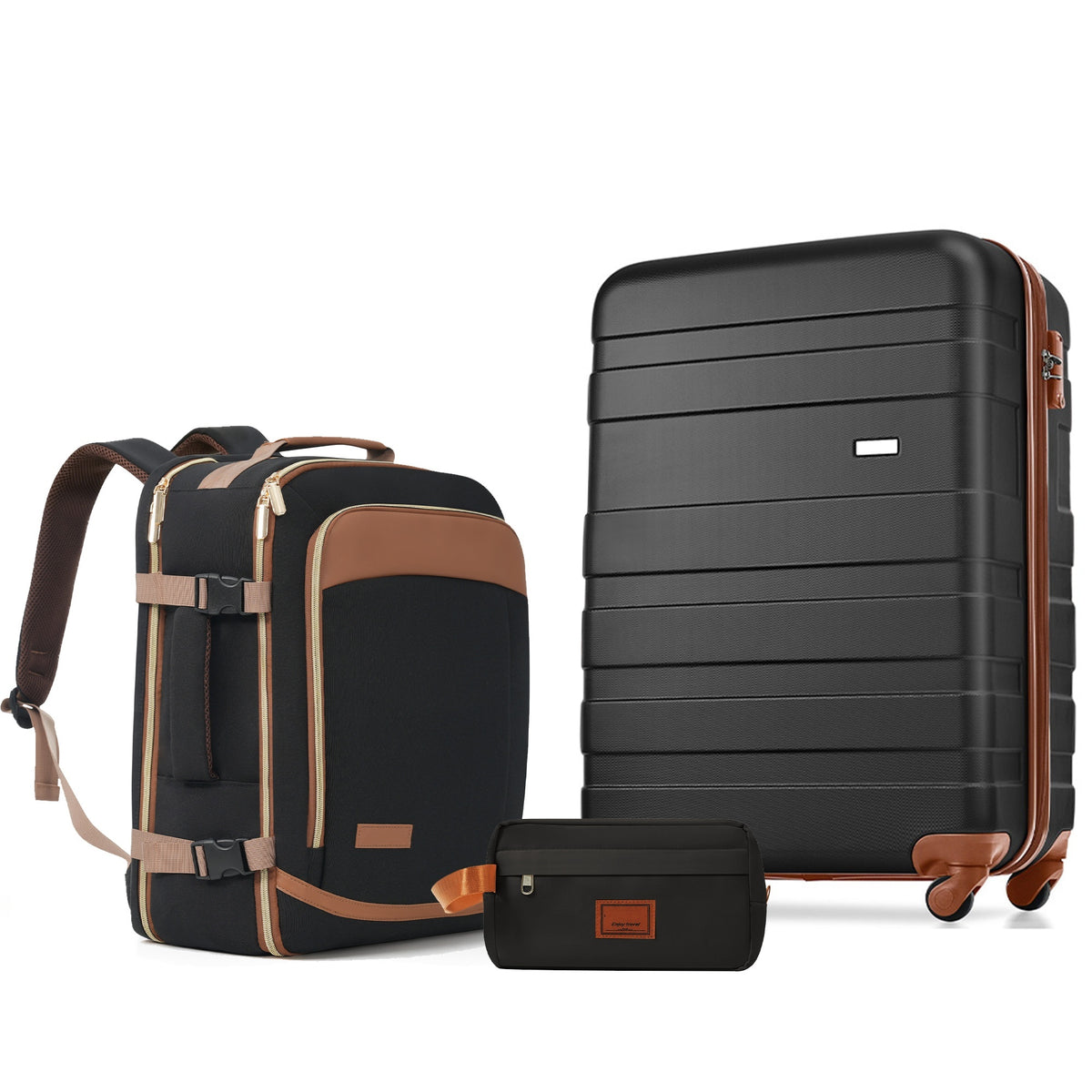 3-Piece Luggage Set - 20in Checked Suitcase with TSA Lock Travel Duffel Bag Wet-Dry Toiletry Bag,black and brown