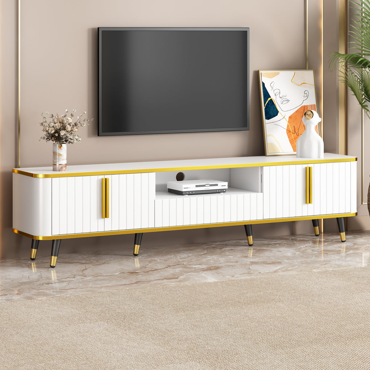 ON-TREND Luxury Minimalism TV Stand with Open Storage Shelf for TVs Up to 85', Entertainment Center with Cabinets and Drawers, Practical Media Console with Unique Legs for Living Room, White