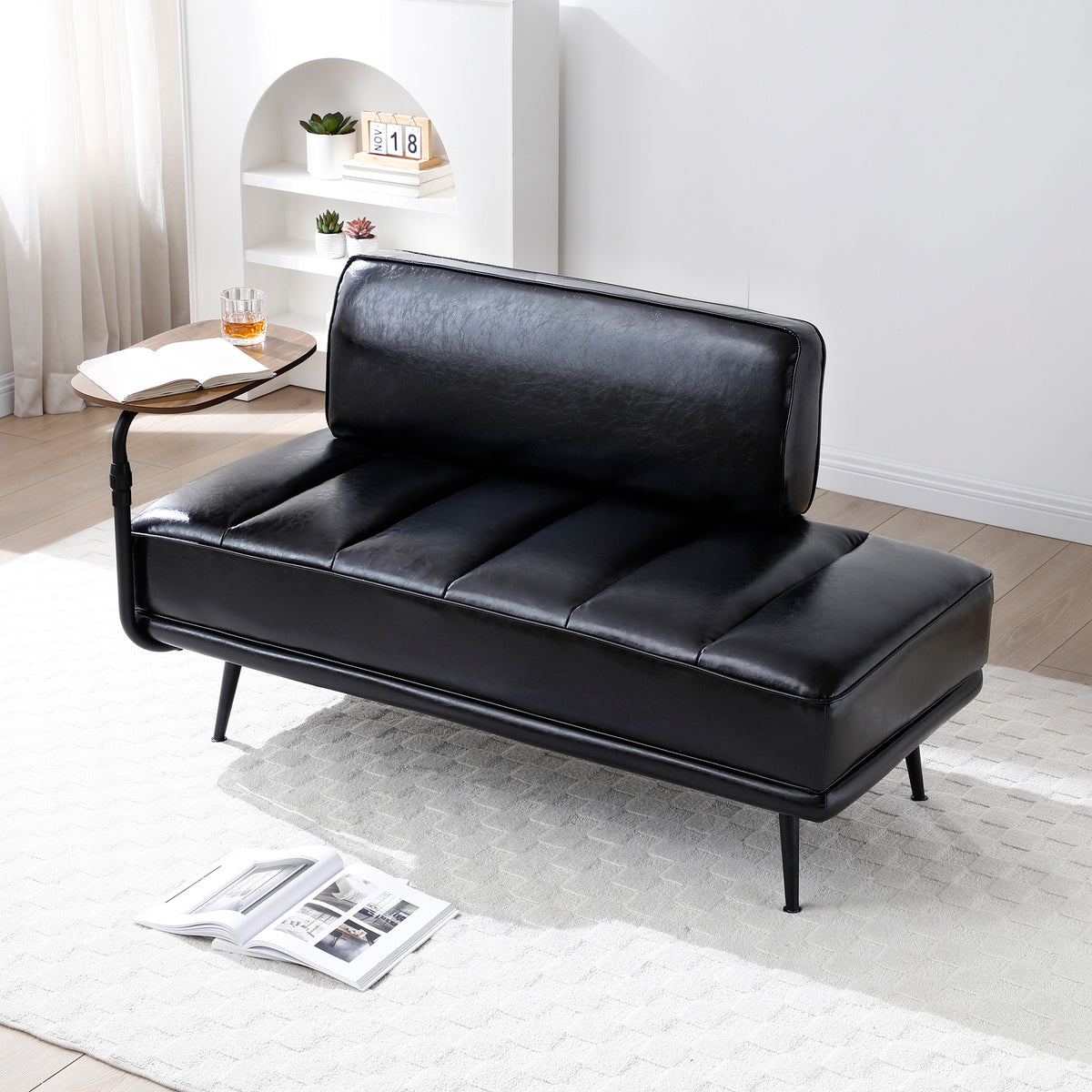 55'Inch Width Modern End of Bed Bench,Black Faux Leather Upholstered With side table, 360-degree Swivel tray couch,Entryway Ottoman,Window Bench with Metal Legs for Bedroom, Living Room