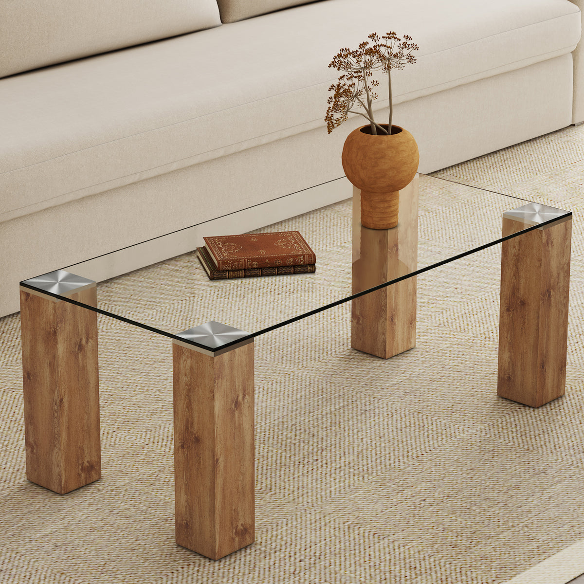 Glass-Top Coffee Table,tea table, with MDF Legs - Stylish Blend of Elegance and Durability 44.9'*21.7'*16.9'