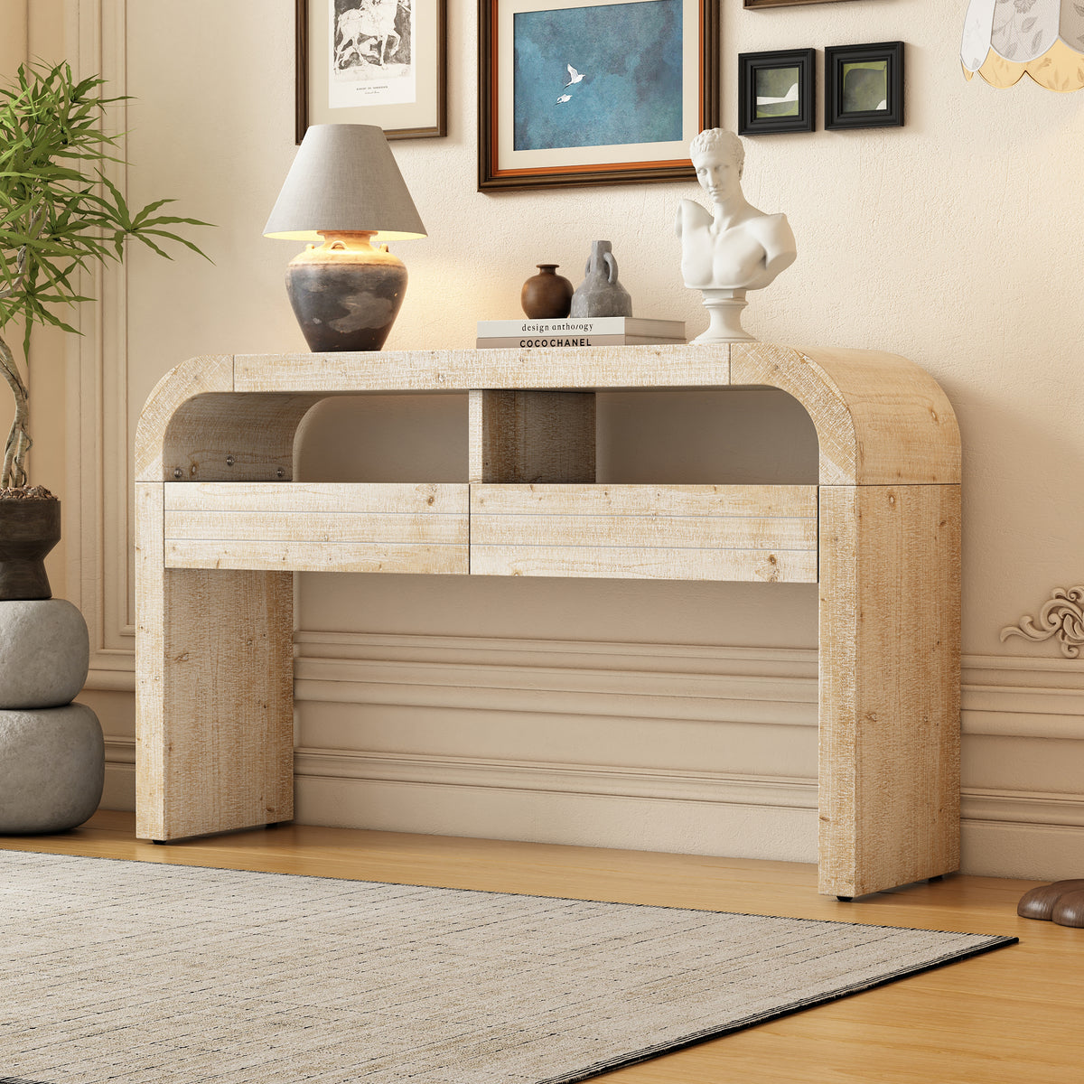 TREXM Retro Curved Console Table with 2 Large Drawers for Living Room and Entrance, 52''×14''×31.5''(Natural Wood Wash)