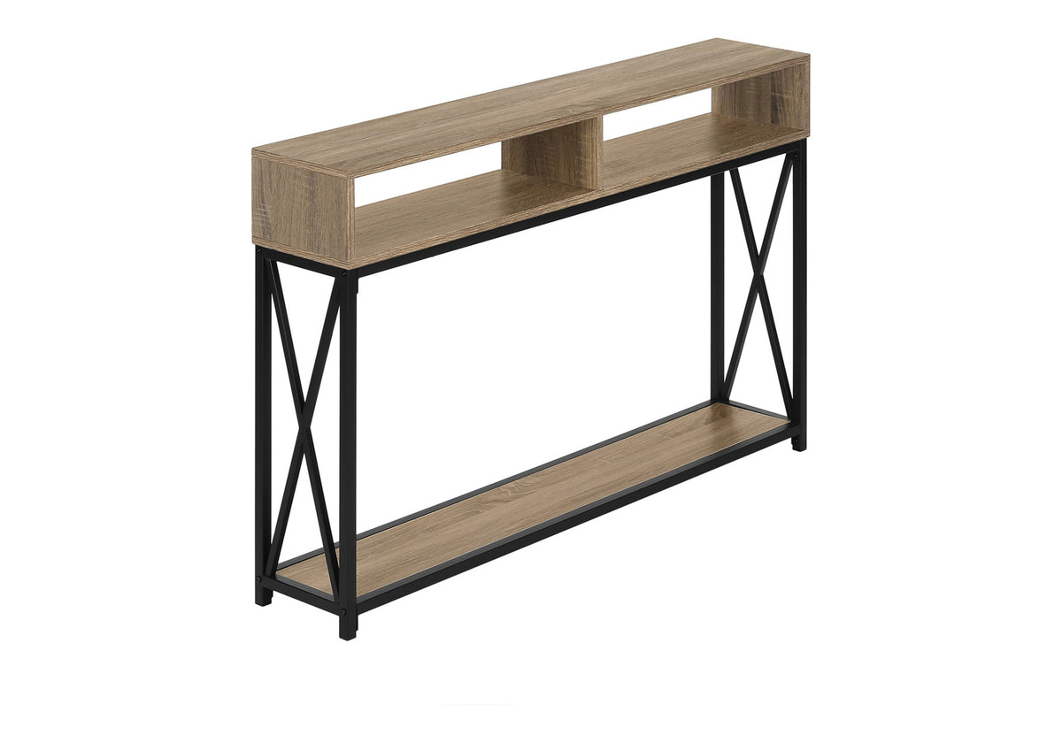 Accent Table, Console, Entryway, Narrow, Sofa, Living Room, Bedroom, Brown Laminate, Black Metal, Contemporary, Modern
